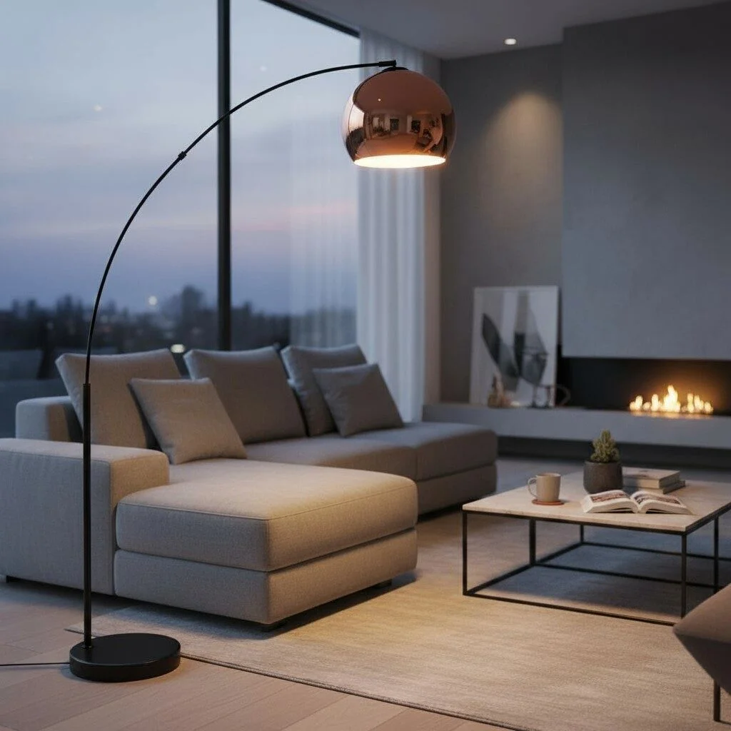 Metalen vloerlamp Thyrza zwart met koperkleurige kap (2)