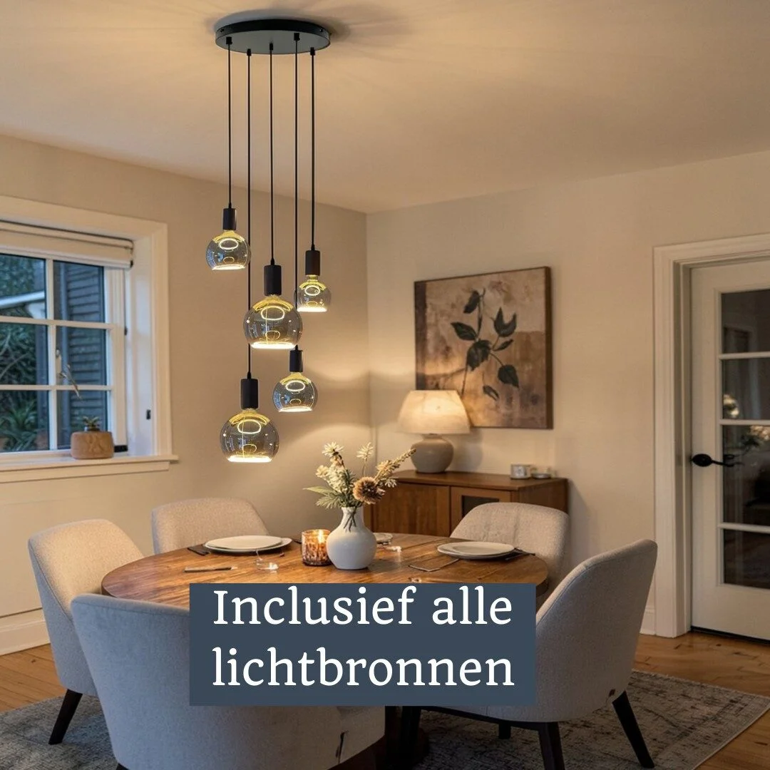 Mix and Match 95 Segula smoke met Yora zwart Rond 40cm 5-lichts