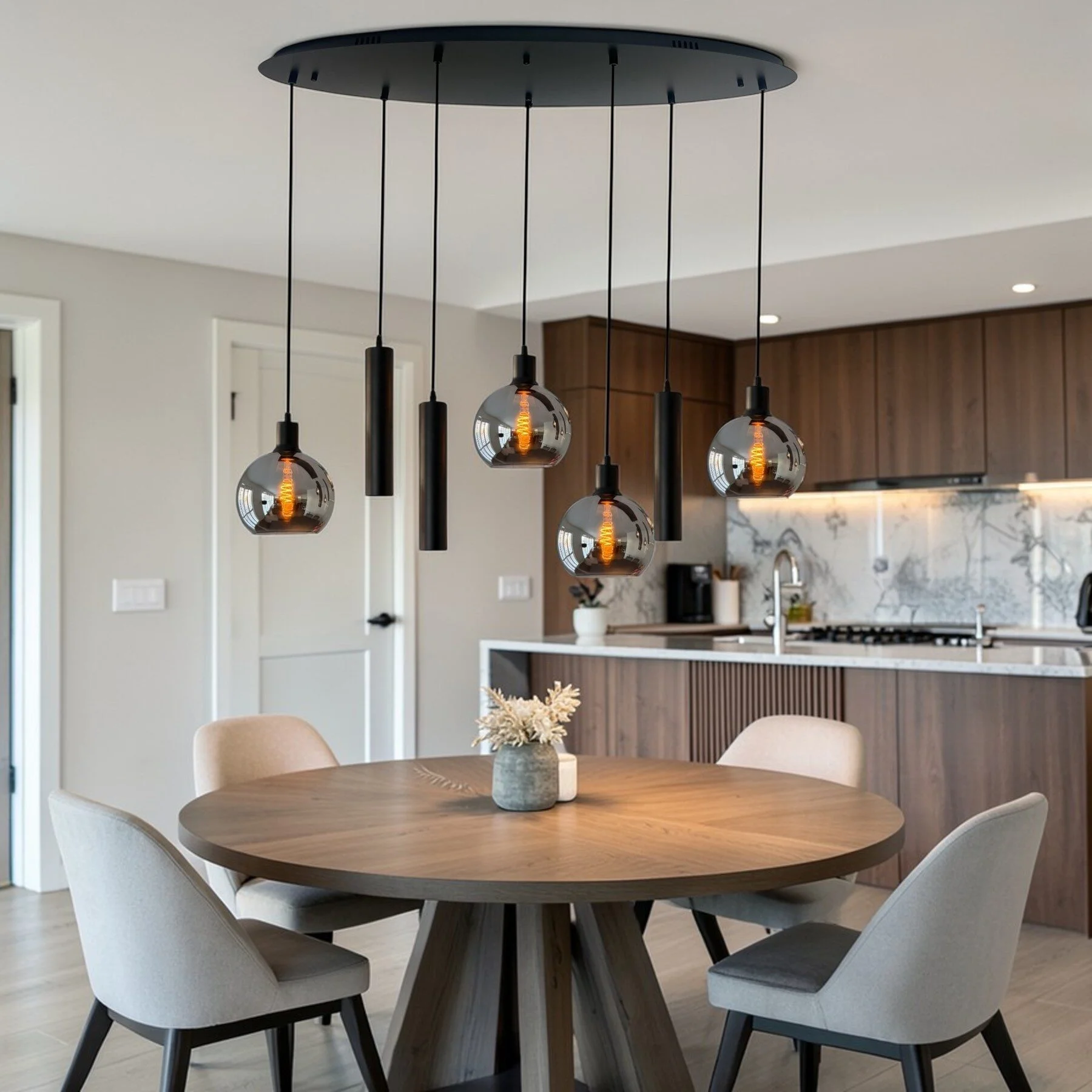 Mix and Match 97 Nelleke smoke met Yora zwart ovaal 100cm 7-lichts